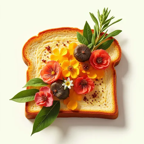 A Piece of Bread, A slice of toast is adorned with various natural ingredients such as herbs, flowers, and natural spices, showcasing a natural flavor. The colors are mainly based on the natural colors of the ingredients and the golden color of the toast, ...