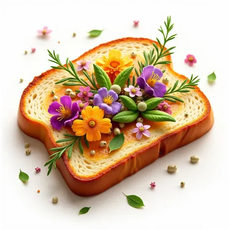 A Piece of Bread, A slice of toast is adorned with various natural ingredients such as herbs, flowers, and natural spices, showcasing a natural flavor. The colors are mainly based on the natural colors of the ingredients and the golden color of the toast, ...