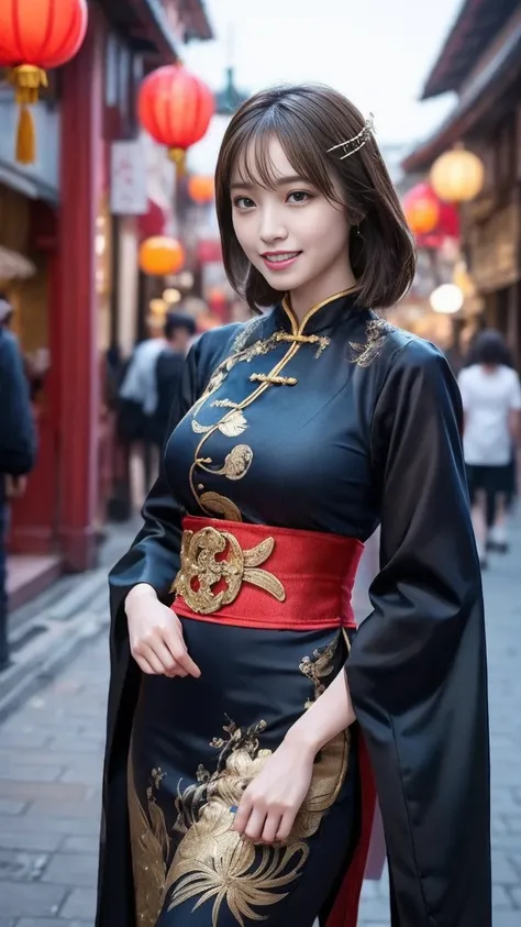 (Unity 16k 壁紙, Super detailed,  Fine CG ,  Beautiful detailed eyes, alone, slender, Chinese dress, Chinese clothing, thigh, coquettish, Chinatown), 超 high resolution , Fine skin 、Sexy, Sweat, , Smile,  First Person View  , point of view, masterpiece,  best...