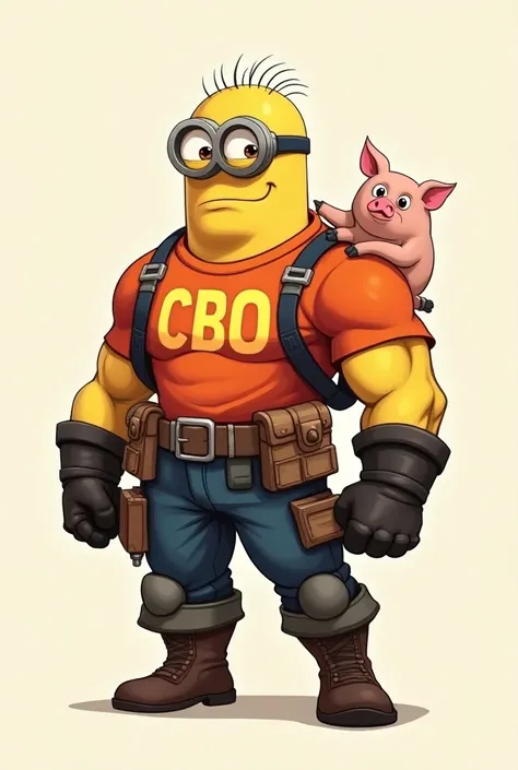 A pumped up minion in a shirt and armor with the inscription CBO holding a pig