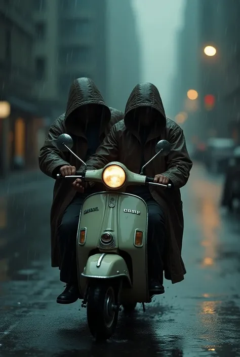 Two man travelling on scooter wearing raincoat. 