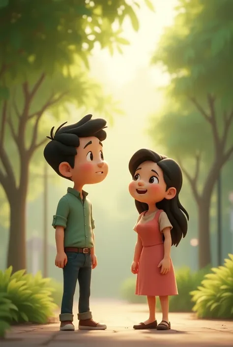 Both characters are now calm, standing still and relaxed. The man looks sheepish or embarrassed, while the woman has a knowing smile. The setting is peaceful, with a quiet background like a park or street.
Generate in cinematic 3d cartoon style