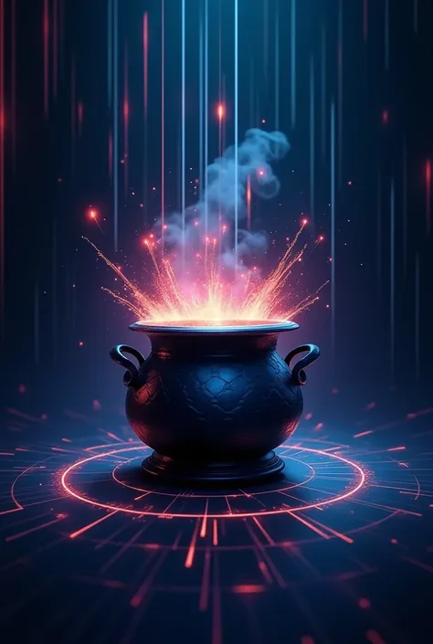 I want a wallpaper for my desktop. It should have a stylised magic cauldron  and rights lines and some high tech splash of color