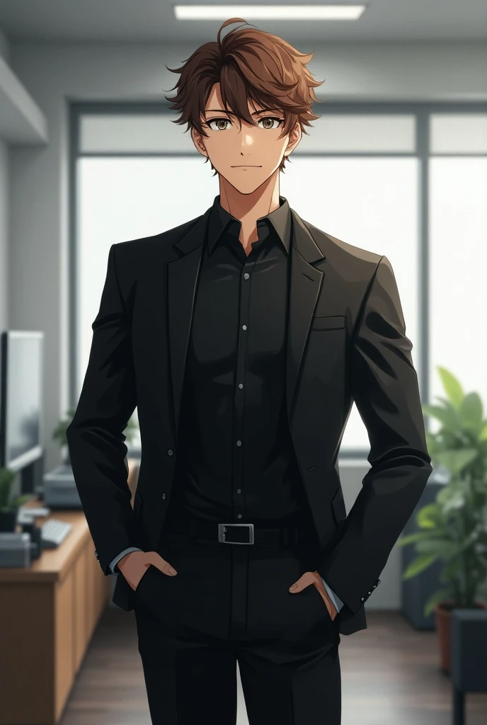 

An anime boy, 22-year-old brown and tan , tall and a little muscular,  curly hair ,  all dressed in black in a working office 