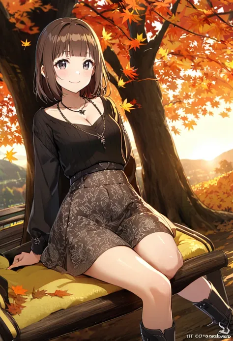 　 cleavage　sneakers　I can see 　bench　 sunlight filtering through the trees　Small hill　stage　　sunset　 16K brown haired short woman 　　Bangs　　The best smile　  Super beautiful black knit 　  gray long layer floral skirt short boots 　 necklace smile 　autumn leav...