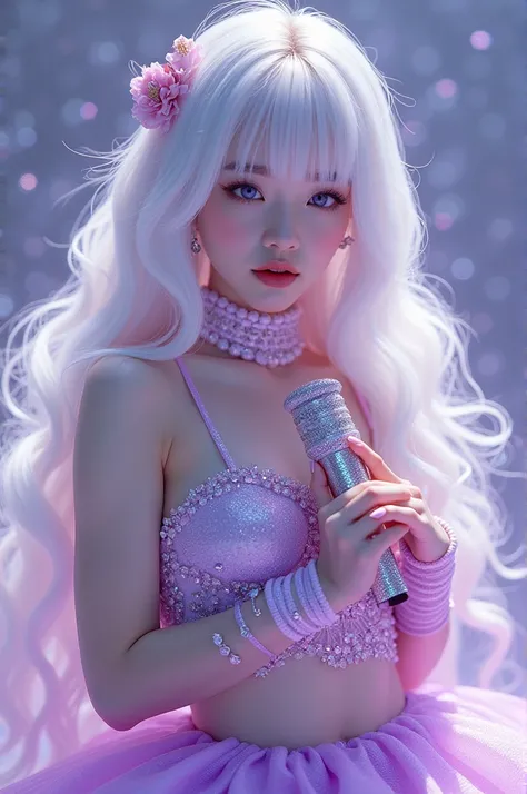 A white Japanese girl with very long hair and lilac eyes and she is wearing a K-pop outfit with a glitter skirt and a top with glitter in the same color and with a decorated nail and in the background she has a glamorous environment with glitter and she is...