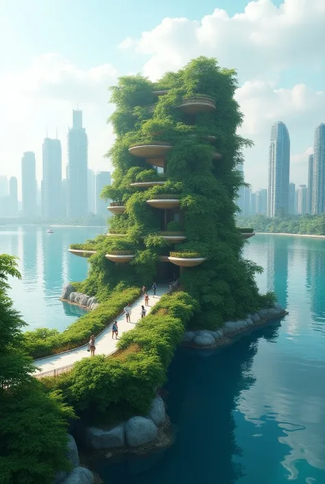 The lush greenery of a floating architecture blends urban elements of nature, with towering skyscrapers that reflect in the water. But this is no ordinary building - it stands proudly, its structure reflecting the high-resolution view of the sea below. The...