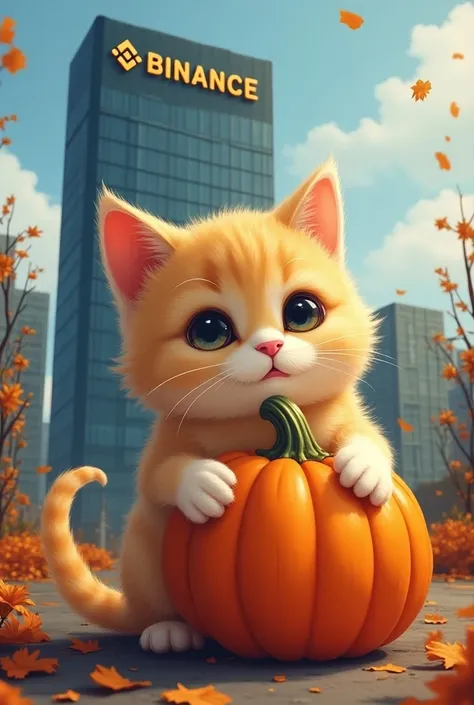 Cute cat looking binance bulding while holding Halloween pumpkin 