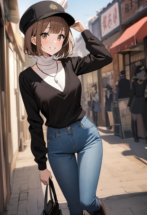 16K Brown Hair Short Bob Womens Bangs Super Beautiful Jeans Shorts White Turtleneck G Jean Long Boots Necklace Black Tights Cap Super Delicate Yokohama Date Smile Fall Grab the Cap