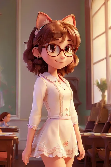 (Masterpiece, Best quality:1.4), (Beautiful, Aesthetic, Perfect, Delicate, Intricate:1.2),((Best quality)), ((Masterpiece)), (Detailed),(A high resolution:1.2), Classroom, An adult female, Smiling Claudia Chever, Red shirt, White skirt, Glasses, Bend over,...