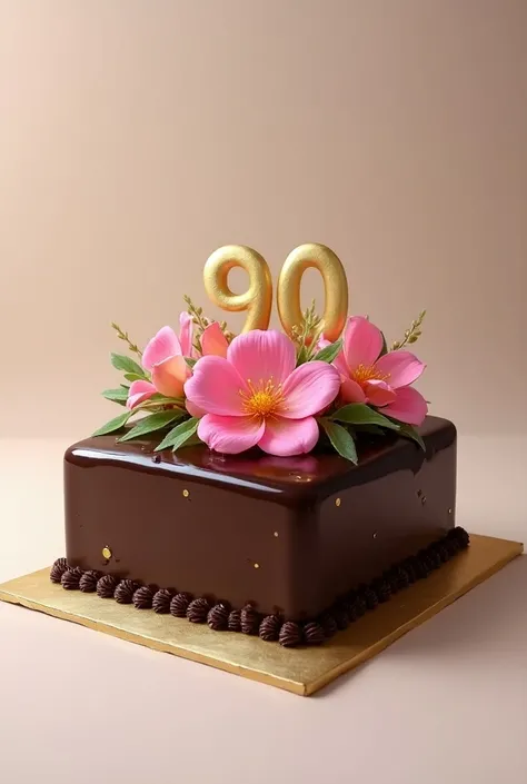 A birthday cake in a long rectangle , le dessus est glacé au chocolat et décoré avec des fleurs de couleur rose et or.  There is the number 90 and a few green leaves 