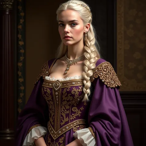 Rhaenyra had her familys Valyrian looks, wearing her silver-gold hair in a long braid. Rhaenyra always dressed richly, favoring purple and maroon velvets and golden lace in intricate patterns. Her bodice often glittered with pearls and diamonds, and there ...