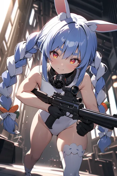 (gun action movie:1.5), sexy, erotic, (1girl, (Usada Pekora:1.5), light smile, twin tail, rabbit ears, slender body, (hololive)), 
(Masterpiece: 1.3), best quality,  (Maximum Resolution: 1.2),  ultra-detailed, cinematic, details,  vibrant colors, dramatic ...