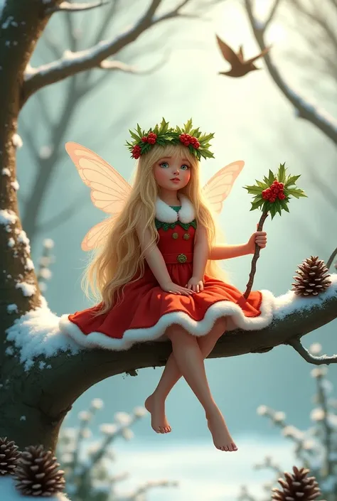 a digital illustration of a fairy sitting on a tree branch in the snow. The fairy has long blonde hair and is wearing a red and green dress with a white fur trim. She has a wreath of holly leaves and berries on her head, and her wings are spread out behind...