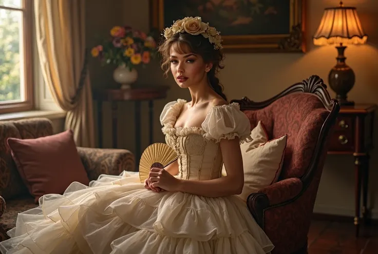 Romanticism (1830 n .e.):  Woman in a dress with a corset and a full skirt,  gigot sleeves ,  lots of ruffles , thin waist,  elaborate hairstyle with curls on the sides ,  elegant hat , fan,  Victorian living room ,  warm lighting  