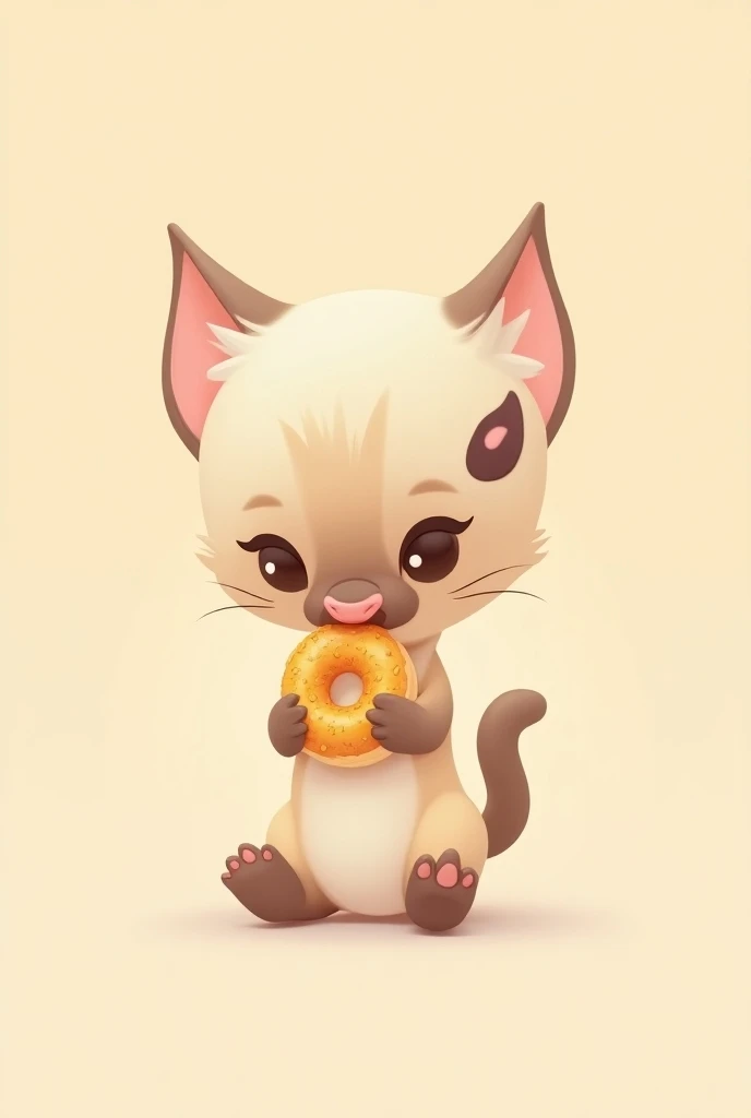 Create a Siamese kitten in a cartoon eating a donut for use in packaging, Make it less realistic