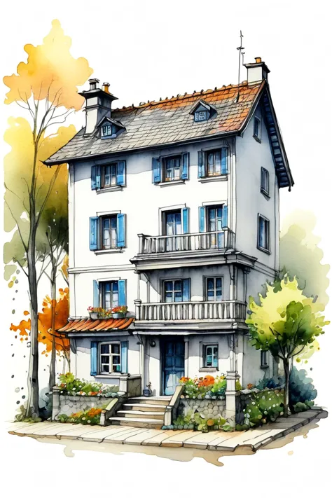 cute cozzy sweet home quick drawing, ink and wash, fluid lines, light watercolors, (best quality, perfect masterpiece, represent...