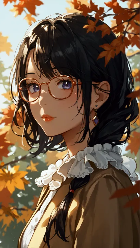 Light makeup with a baby face、 An anime woman in her late 20s wearing glasses with dark hair in a ponytail and wearing fall clothes