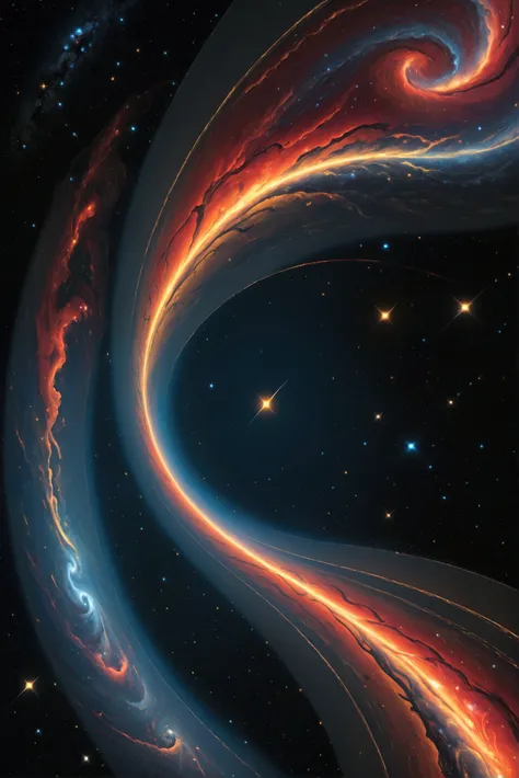 "A heart-shaped boomerang arcs gracefully through the vast cosmos, its entire journey captured in a single, smooth motion. From the point of release, a glowing trail follows its path as it climbs higher into the star-filled void. The boomerang, illuminated...