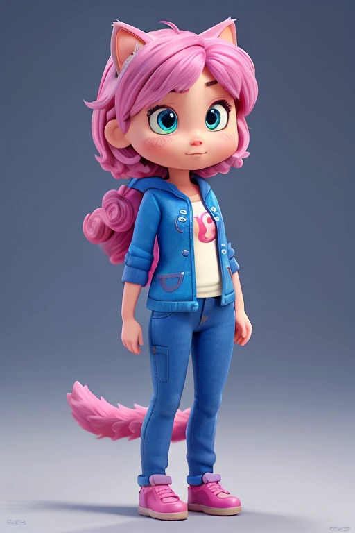 Pixar style super cute, standing, charming big eyes, cute tail, surreal, super fine, super detailed, illusory engine, 8k, female that is half human, half cat, black and pink hair , blue eyes, beautiful background. Pouty face. Blind box figures. 