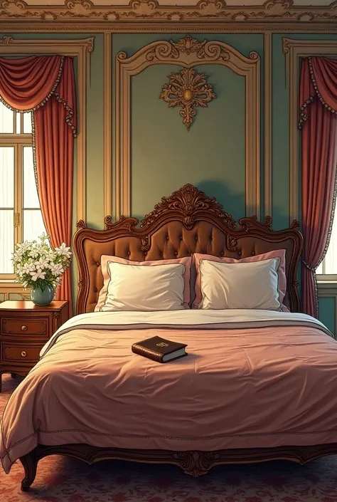 Une bible sur la table de chevet dune chambre de deux parents avec un grand lit extrêmement bien décoré le soir dans un style graphique Bande dessinée française 2D Les coups de crayon doivent être extrêmement détaillés s et visibles. Les couleurs harmonieu...