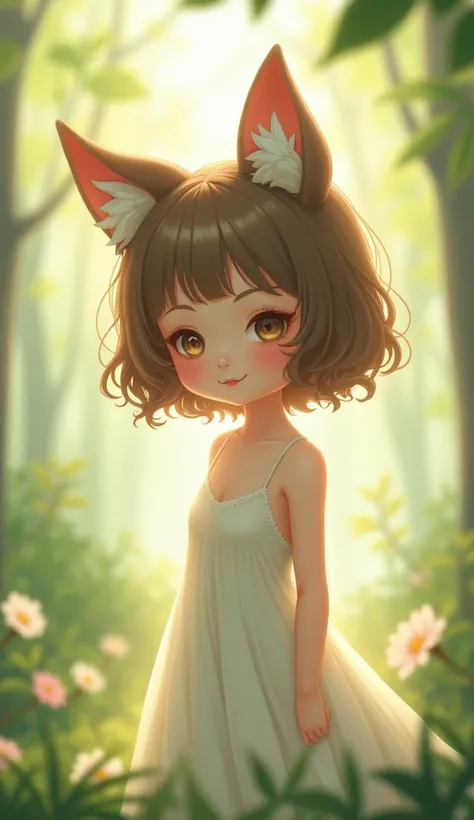 A very cute  with a full body wearing flip flops in art style, with a soft and delicate air .  but it is possible to see the brightness of the natural light filtered by the green leaves ,  suggesting a sunny and peaceful scene . The background is blurred, ...