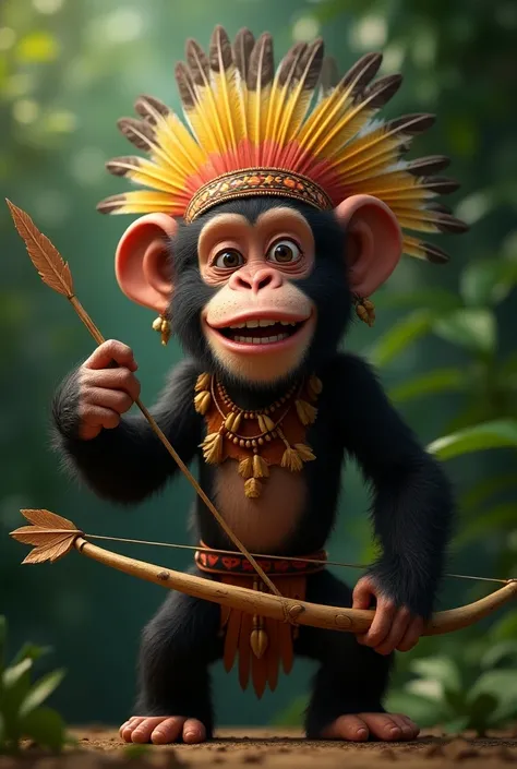 A very smiling chimpanzee dressed up as an Indian with a feather headdress with a bow and arrow 