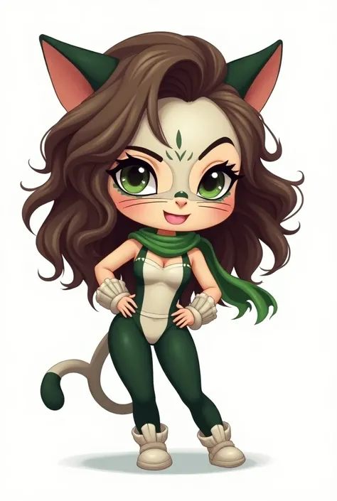  Latin woman with brown hair and cat ears wearing a cat mask with 4 points that covers half of her dark green upper face,  a green scarf with a white harlequin costume with dark green tights , different expressions full body style chibi vtuber  