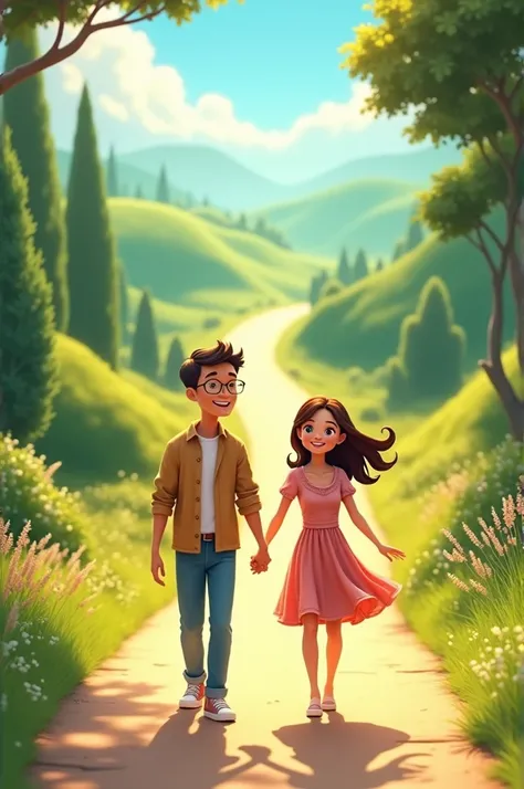 Create animation picture about a couple walking a long the road with a big smile. Please also include a picture of long road