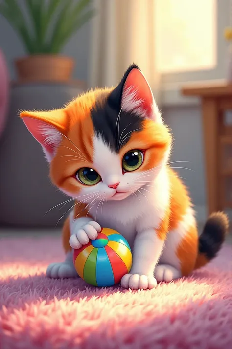 A drawing of a calico cat playing with a coloring ball