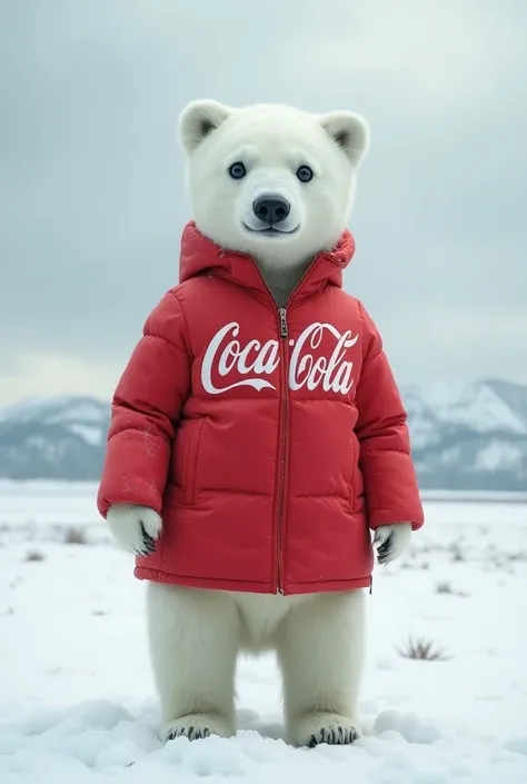  Creates a distinctive image of a female bear, white color, dressed as Coca-Cola in the snow 