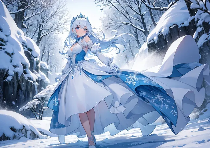 In the snowy fields of Mondsee, a girl with ice powers wears a pure white dress reminiscent of a Disney princess, and fluffy snowflakes dance around her. As the cold wind blows, an icy path spreads out at her feet, and her graceful and mysterious figure sh...