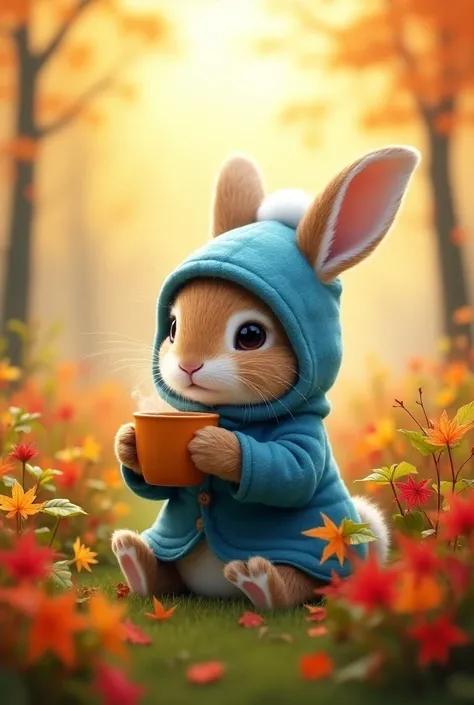 A cutie bunny in a blue jacket, a blue hat with a white pompom, sits in a meadow with a mug of tea that keeps its paws around autumn bushes and trees with bright green, bright yellow and bright red leaves