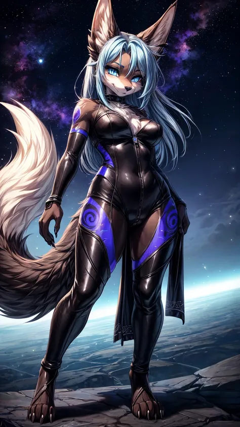 Black Jackal Girl,  High definition dark black fur , cuerpo completo, add_Detail:1, black fur,kitsune ears,  tribal tattoo add_Detail:1,blue lock in hair,cosmic space landscape, pretty girl add_Detail:3 18-year-old girl , Gantz style full lycra suit ,  fli...