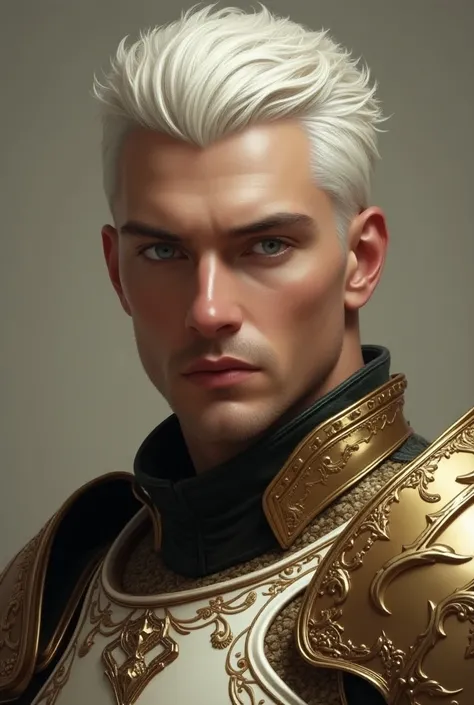 Create a realistic man with short straight white , with white iris ,  platinum hair that fits the golden ratio and who is wearing full armor that matches the aesthetics and colors.  Let it be brown and the armor be white and gold, White predominates 