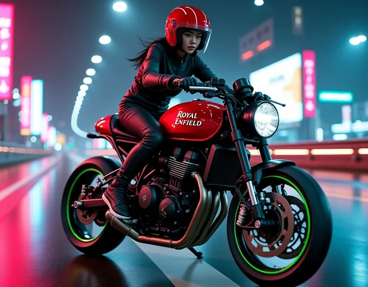 image of stunning, beautiful japanese girl riding a powerful futuristic crimson and black Royal Enfield CONTINENTAL GT650 (( cafe racer)) motorcycle with a fairing at speed, neon green wheel rims, riding fast, on a futuristic cyberpunk highway at night, in...