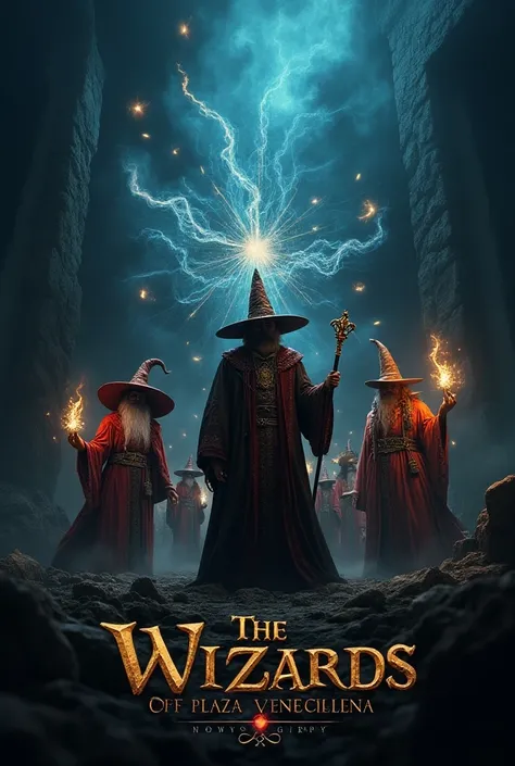  Movie title of  " The Wizards of Plaza Venezuela" with magic style . With black background