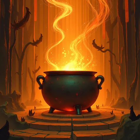 I want a wallpaper for my desktop. It should have a metaphoric cauldron some others forms and lines. Orange is the dominant color. The background is made of lines forming a stair.