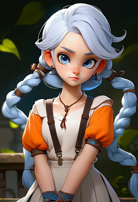  1girl, orange sleeves,  white hair, white skin, Blue hair ornament, Blue suspenders, blue clothes,  light blue eyes , bare feet, double braids