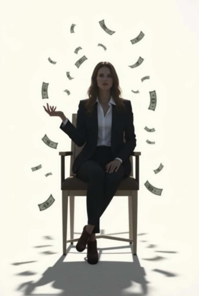 Create the shadow of a businesswoman sitting on a chair surrounded by falling money. Simple shade