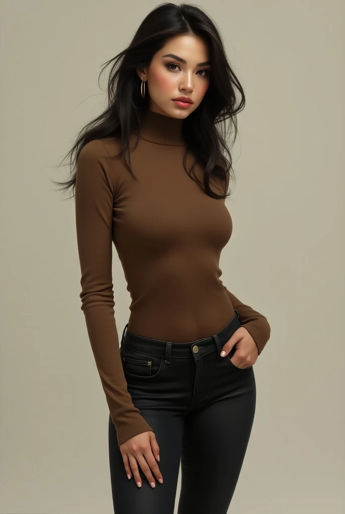 beautiful woman wearing turtleneck sweater, jeans and knee-high heeled boots