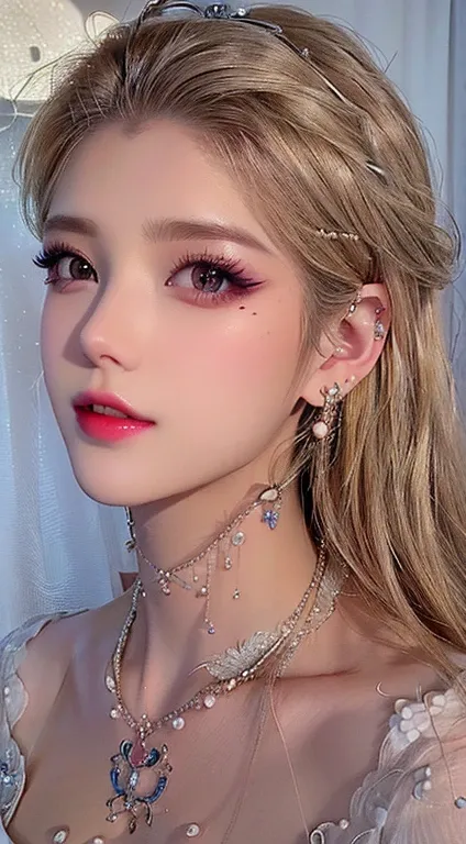  blond woman wearing a necklace and pierced ears posing for a photo,   Popular Korean makeup  , Popular Korean Makeup, Girl wearing pearl earrings, Beautiful pale makeup,  pop makeup style , Anime atmosphere, Soft makeup,  inspired by Cheng Yanjun , Fairy ...