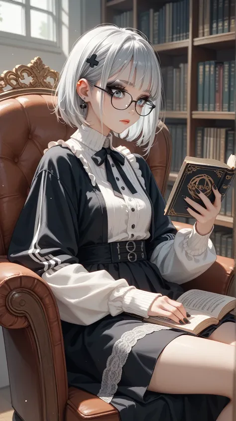 Light makeup with a baby face、 reads a book while sitting in a library armchair in her late 20s with long, thin silver hair and glasses、Anime woman wearing a white goth 