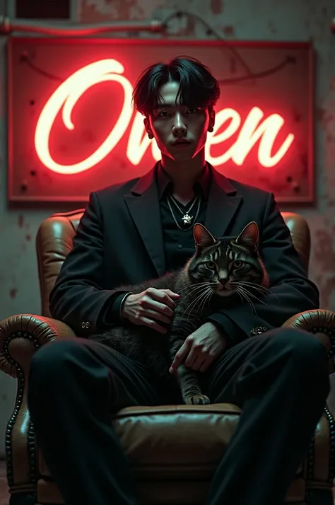 (photorealism:1.2), handsome man , kpop idol style and clothing, sitting on basement chair, with the name owengon the background, mafia theme, with a dangerous animal sitting on his lap, his looks should be like enhypen any members