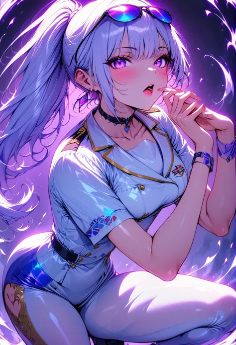  young beautiful woman,(Best Quality,Very detailed depiction, Incredible High Resolution , Anatomically Accurate Depiction ,High quality anime drawings),(Female admiral),(Woman in blue and white navy uniform , has sunglasses on her head, earrings, choker,shirt,pants,boots,),(Silver Hair, ponytail,Purple Eyes,Glossy lips,A seductive smile:1.2, Pottery Skin ,Beautiful legs,Model pose,Standing posture:1.3, it's opening its mouth),(Full body image:1.3),Purple light:1.3,Side view:1.3