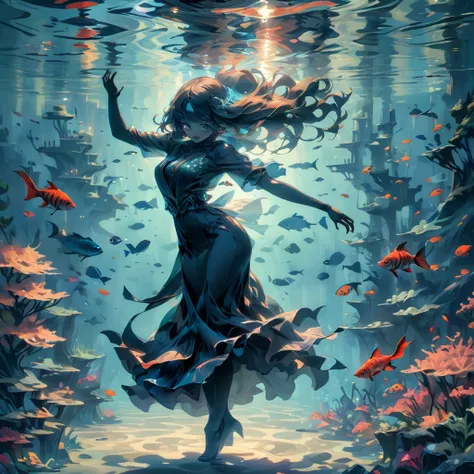  Best Quality , masterpiece,  Ultra High Definition , (photo:1.4),  surrealism , Dreamy,  Fusion Art , shadow dancer, Dark Magic ,  Controls Darkness , Invisibility,  Shadow Shadow 、fish