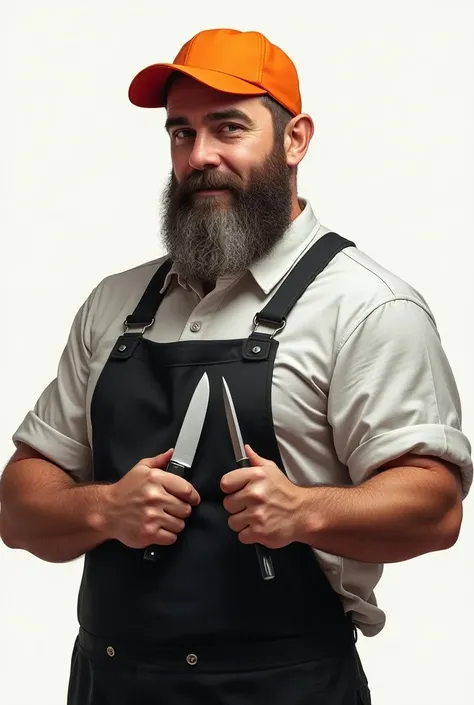 Make a logo with a butcher holding a sharpener and a knife,  with cap eat the color orange with black white, realistic, Pull the beard 