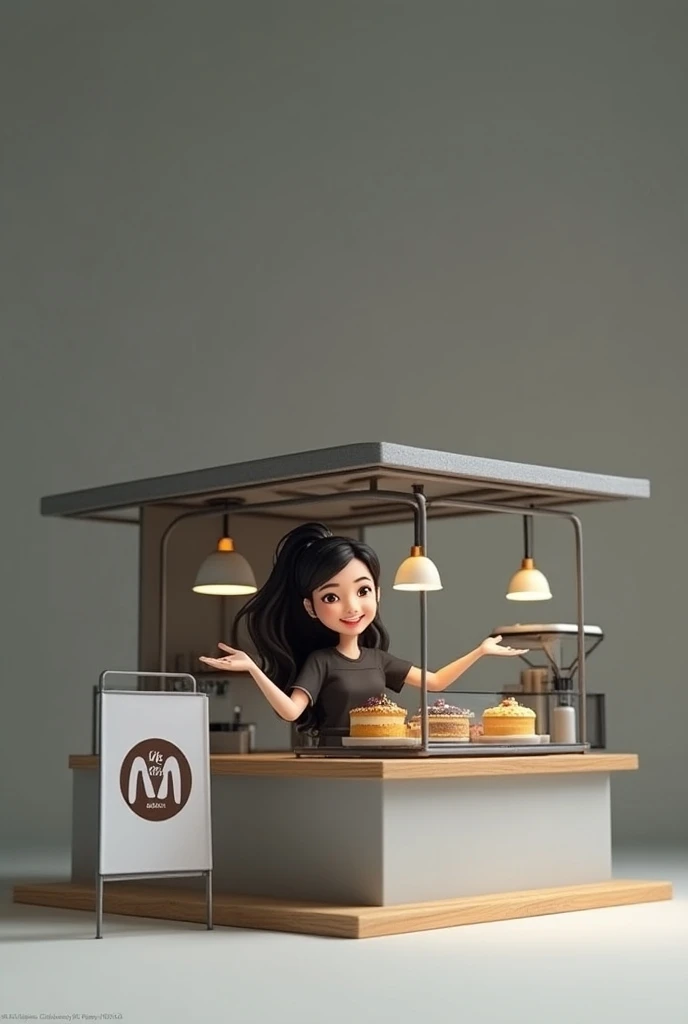 Realistic 4D Garage Caricature Miniature Diorama, Modern booth style, minimalist metal roof, Inside there is a glass display case containing various types of delicious cakes, there is a modern coffee machine, In front of it there is a banner stand that say...