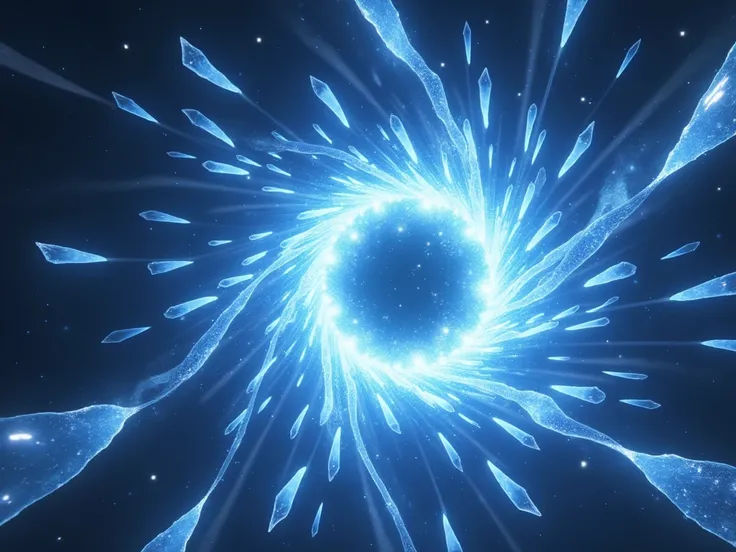  In this animated scene from Disney Pixar ,  an image that represents a whirlwind of light and energy with a crystal background shining in all directions, reflecting their images in strange and distorted ways .