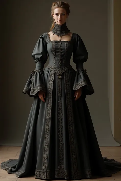 a medieval-inspired gown, featuring intricate detailing and a rich, elegant design. The dress is predominantly dark grey . The long sleeves are flared, with ornate patterns around the cuffs, echoing the luxurious embellishments along the borders of the gow...